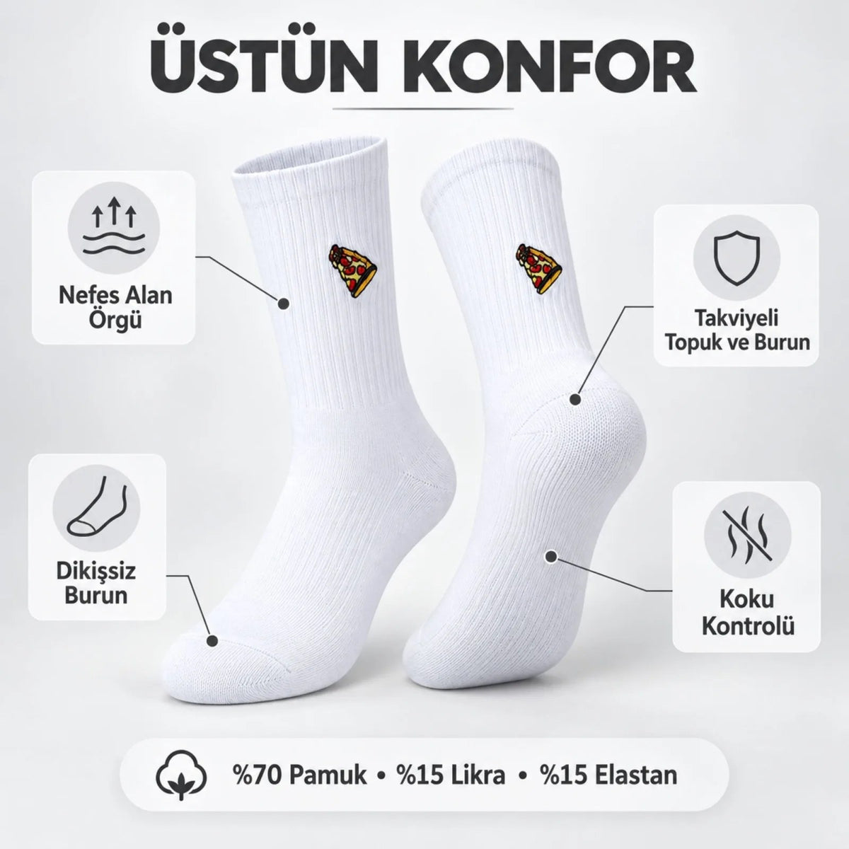 UNİSEX Çorap Beyaz Nakışlı 6'lı Set Pizza Hotdog Hamburger Desenli Uzun Soket Günlük Spor Çorap Seti
