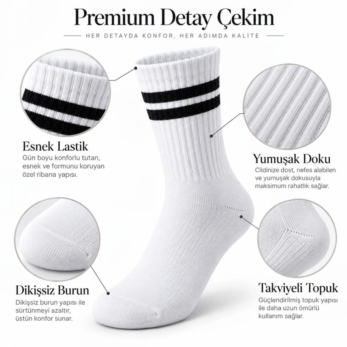 Unisex Beyaz Çorap Siyah Çizgili 6'lı Set Uzun Soket Günlük Spor Kolej Stil Rahat Kadın Erkek Çorabı