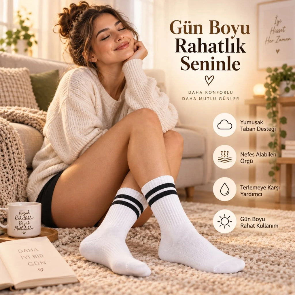 Unisex Beyaz Çorap Siyah Çizgili 3'lü Set Uzun Soket Günlük Spor Kolej Stil Rahat Kadın Erkek Çorabı