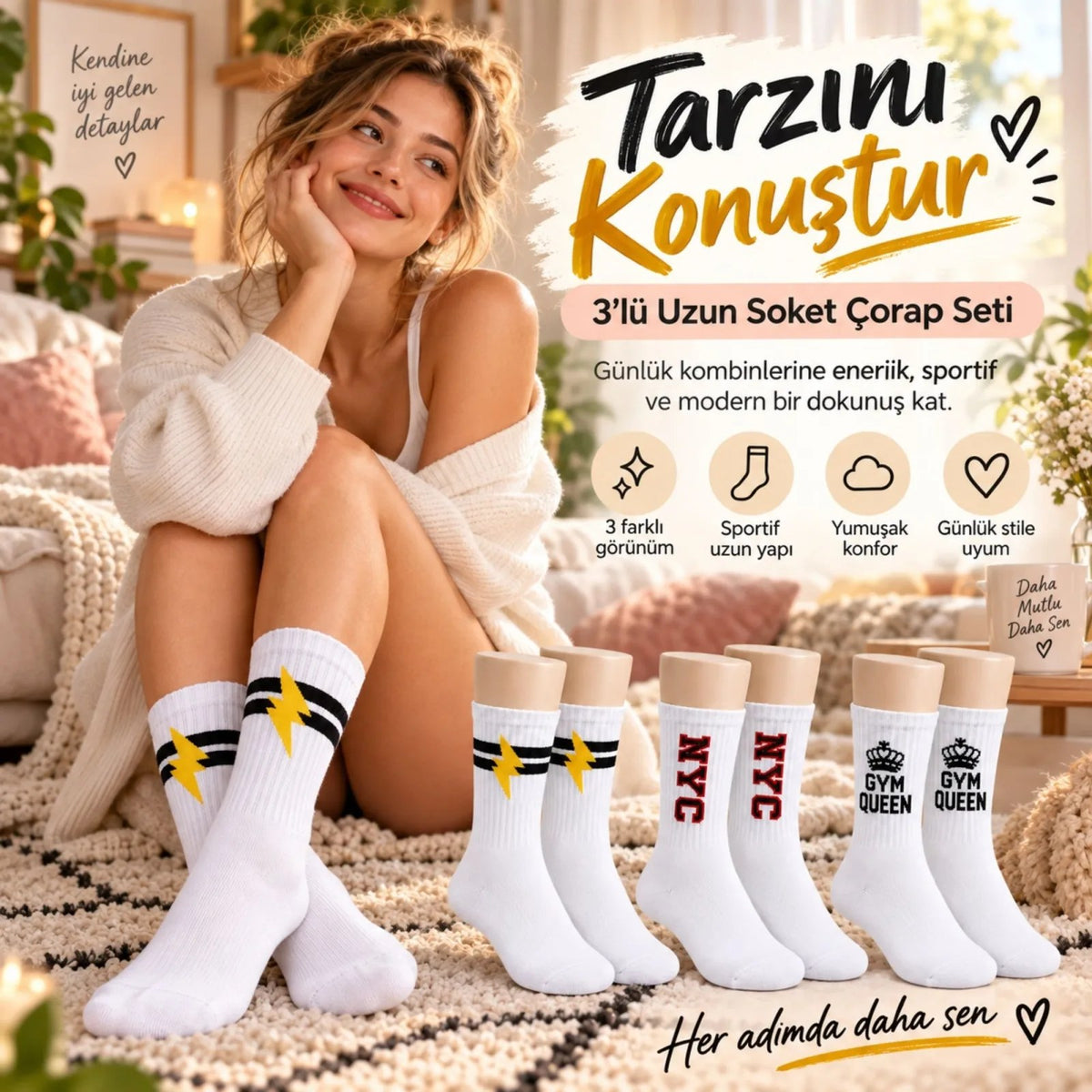 Kadın Spor Çorap Beyaz Yazılı 6'lı Set Uzun Soket Pamuklu Dikişsiz Nefes Alan Spor Konforlu Çoraplar