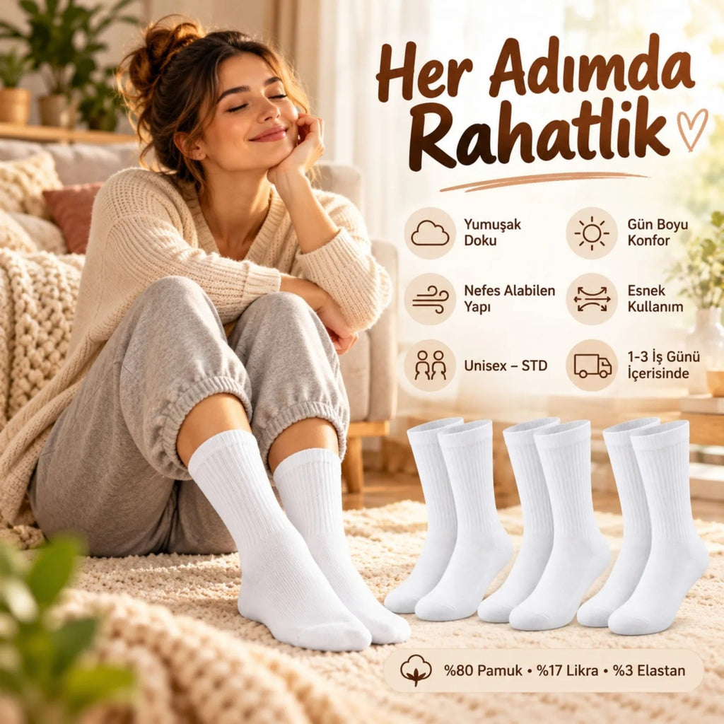 Unisex Beyaz Soket Çorap %80 Pamuk 12'li Set Dikişsiz Burun Takviyeli Esnek Günlük Spor Çorabı Rahat