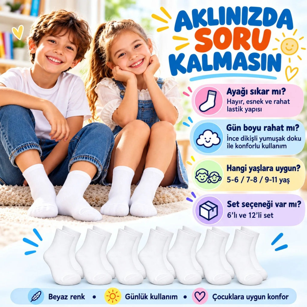 Çocuk Beyaz Çorap 6'lı Set İnce Dikişli Yumuşak Nefes Alabilen Okul Günlük Rahat Çorap 5-11 Yaş Seti