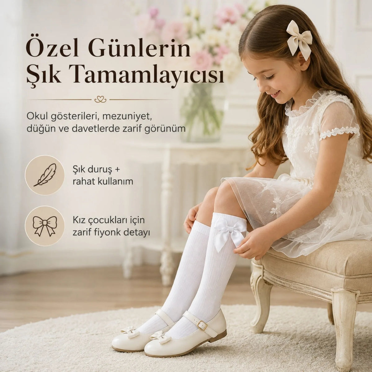 Kız Çocuk Beyaz Kurdeleli 6'lı Diz Altı Çorap, Pamuklu Fitilli Okul Bale ve Özel Gün Çorabı