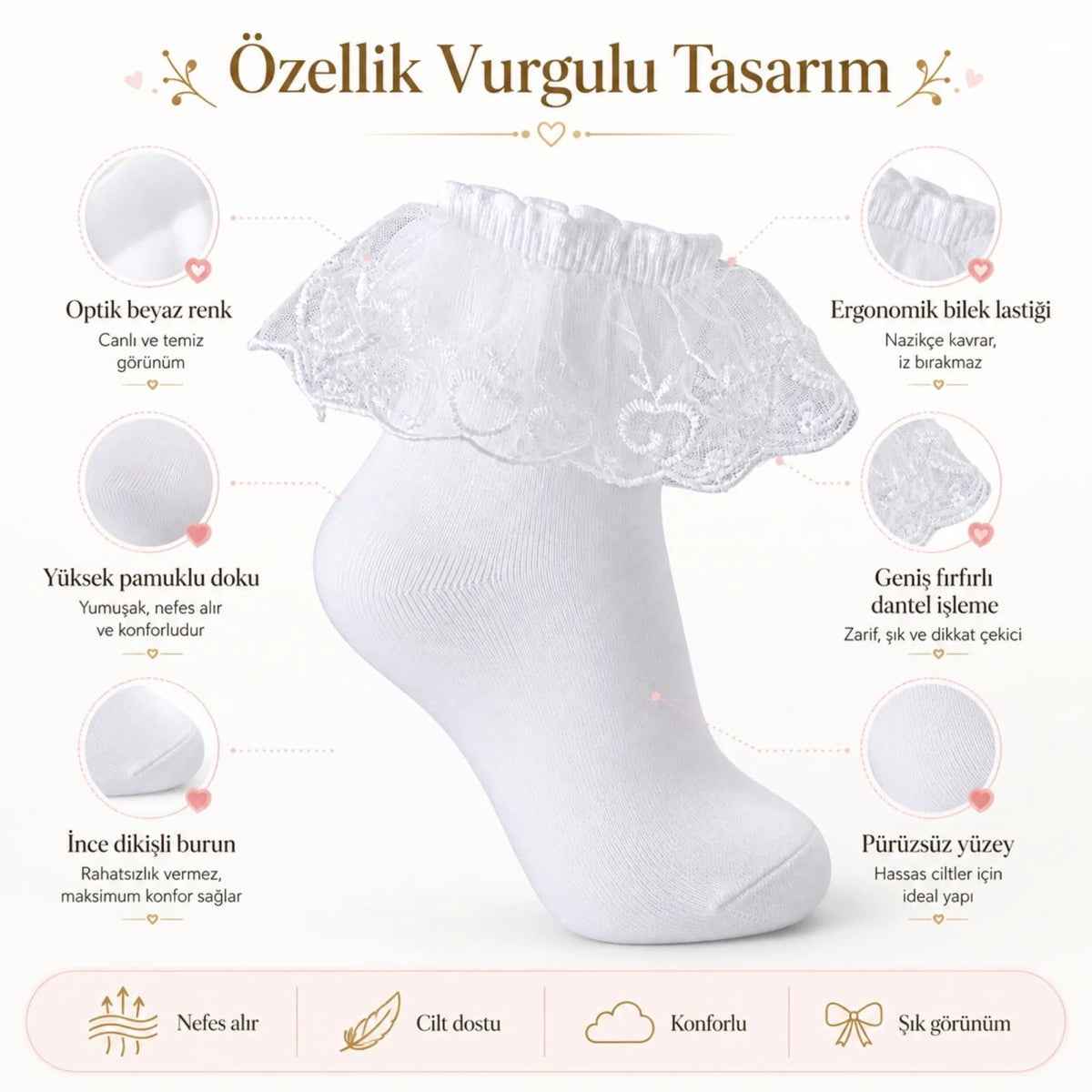 Kız Çocuk 3'lü Beyaz Dantelli Soket Çorap, Yüksek Pamuklu Okul Gösteri ve Özel Gün Çorabı