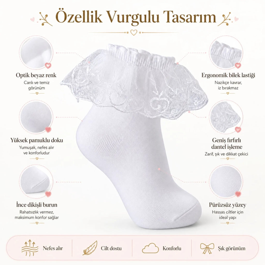 Kız Çocuk 3'lü Beyaz Dantelli Soket Çorap, Yüksek Pamuklu Okul Gösteri ve Özel Gün Çorabı