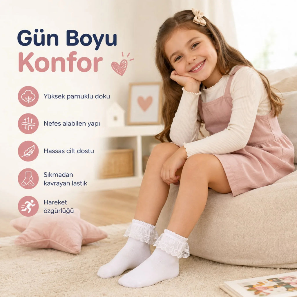 Kız Çocuk Beyaz Dantelli Soket Çorap 6'lı | Pamuklu Okul Gösteri Özel Gün Çorabı