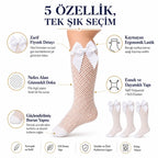 Kız Çocuk Beyaz File Dizaltı Çorap Fiyonklu 3'lü Paket Okul Tören Bayram Gösteri Çorabı