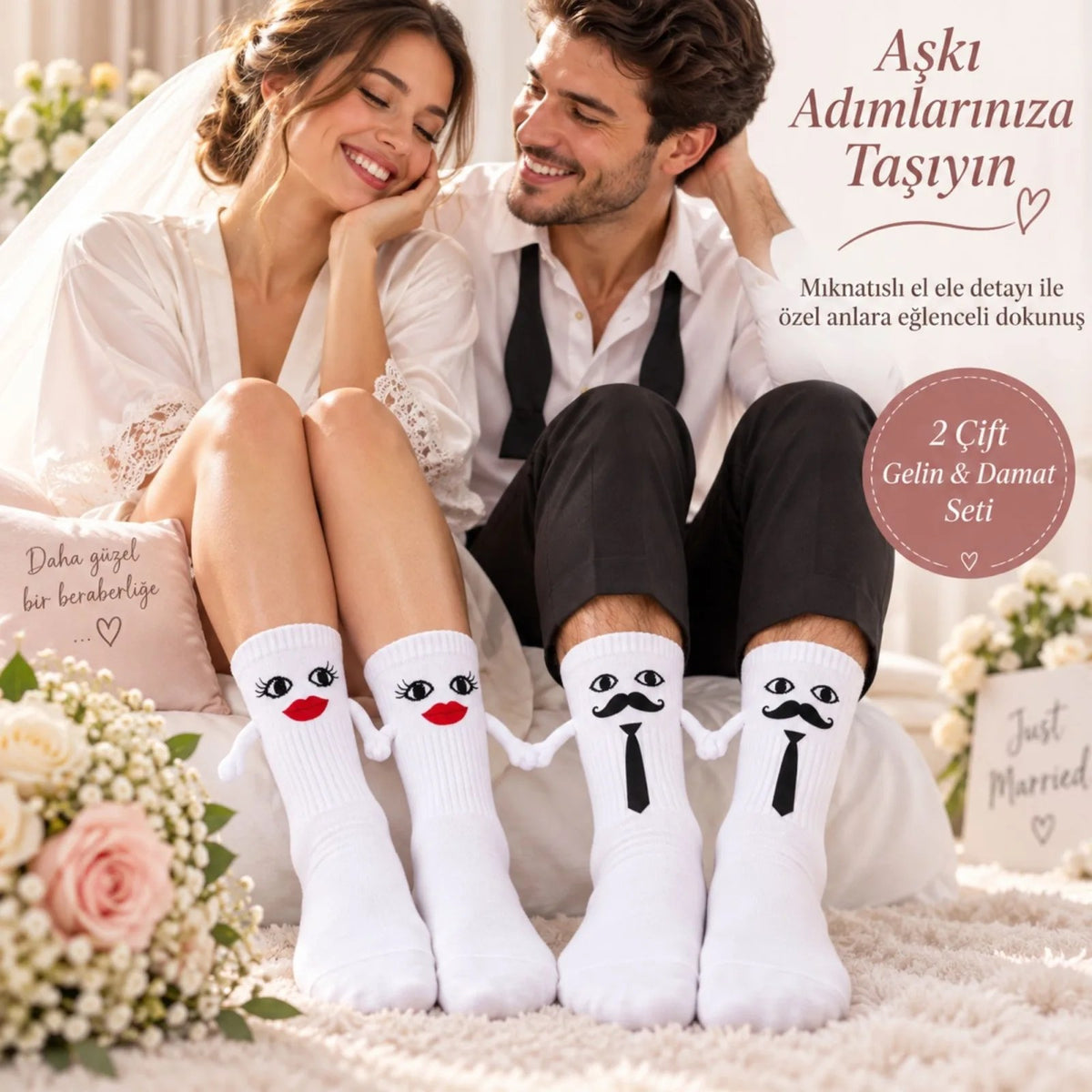 Mıknatıslı Gelin Damat Çorabı 2 Çift El Ele Tutuşan Düğün Çeyiz Bohça Eğlenceli Set