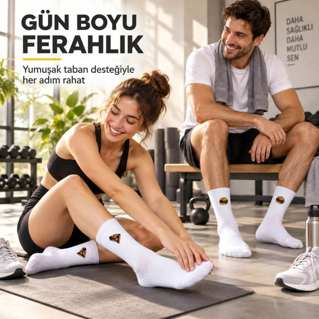 UNİSEX Çorap Beyaz Nakışlı 6'lı Set Pizza Hotdog Hamburger Desenli Uzun Soket Günlük Spor Çorap Seti