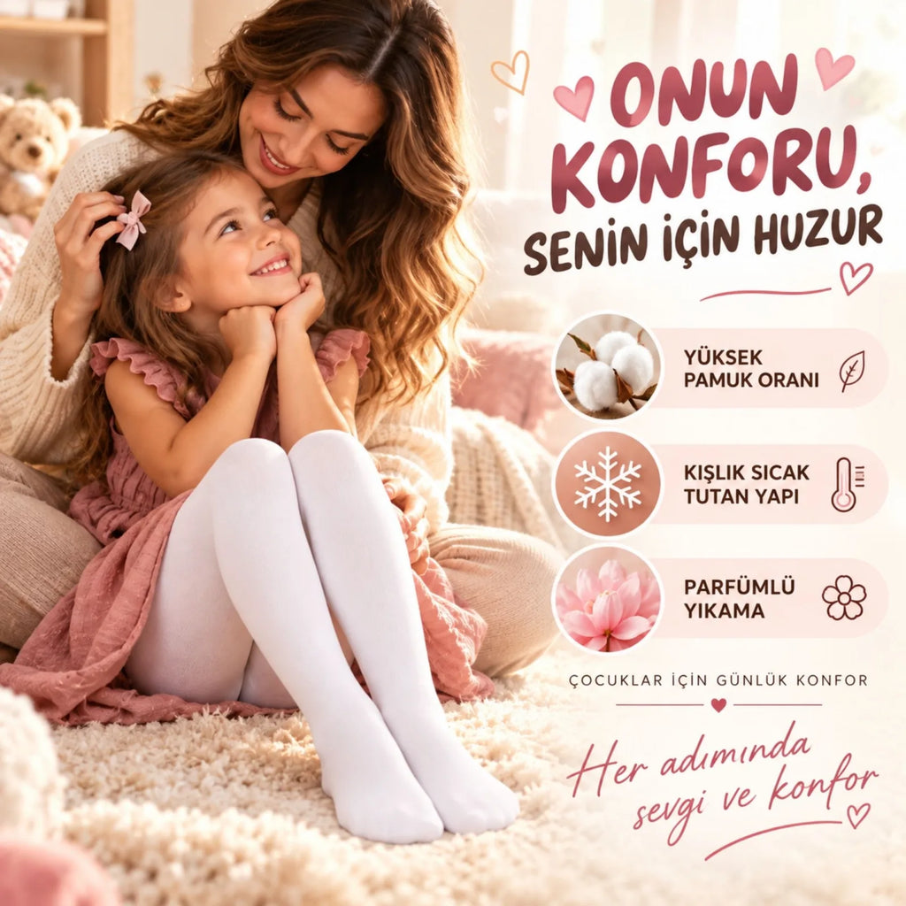 Çocuk Beyaz Külotlu 3'lü Çorap Yüksek Pamuklu Kışlık Parfümlü Okul Çorabı Esnek Rahat