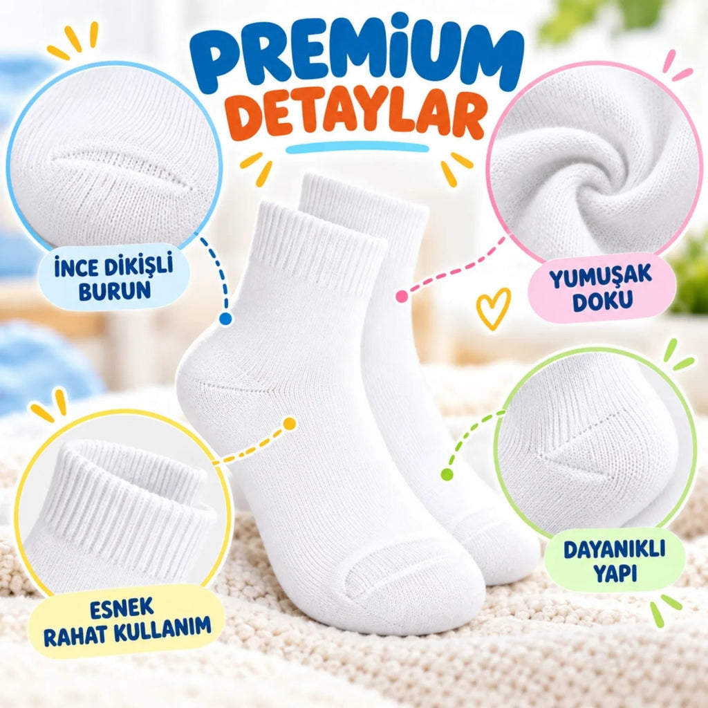 Çocuk Beyaz Çorap 6'lı Set İnce Dikişli Yumuşak Nefes Alabilen Okul Günlük Rahat Çorap 5-11 Yaş Seti