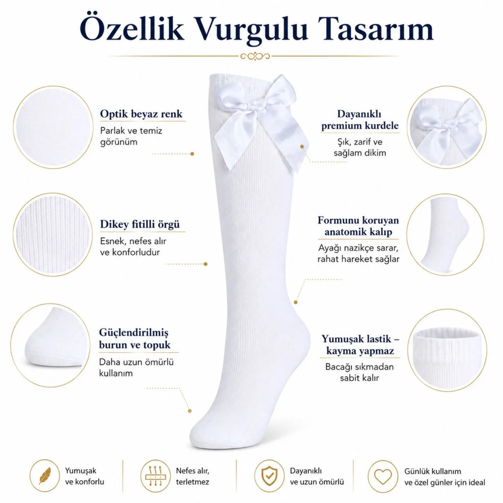 Kız Çocuk Beyaz Kurdeleli Diz Altı Çorap, Pamuklu Okul Bale ve Özel Gün Çorabı