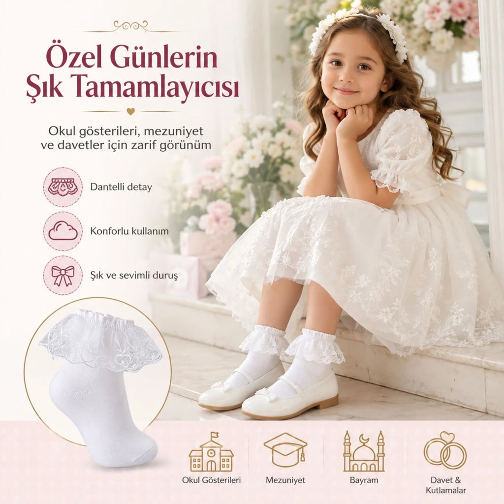 Kız Çocuk Beyaz Dantelli Soket Çorap 6'lı | Pamuklu Okul Gösteri Özel Gün Çorabı