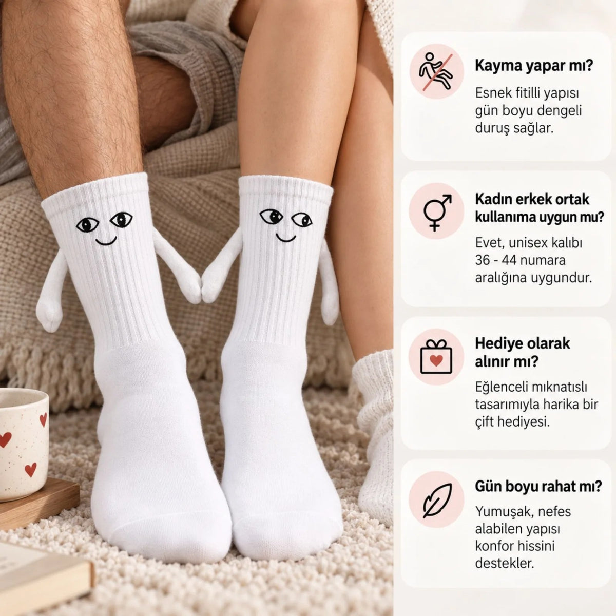 Mıknatıslı El Ele Unisex Tutuşan Sevimli Çorap 36-44 | Çift Hediyesi, Pamuklu Renkli Crew Model