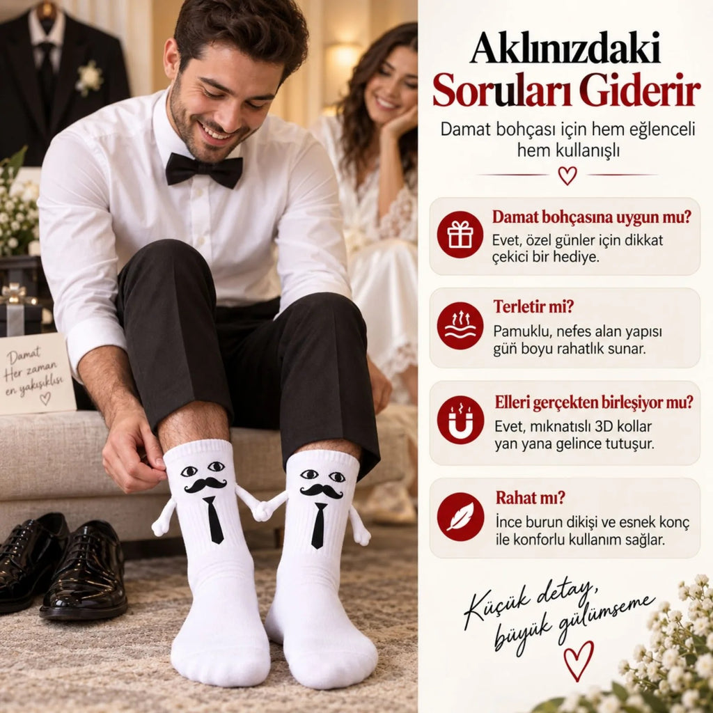 Mıknatıslı Damat Çorabı Erkek Beyaz Bıyık Kravat El Ele Tutuşan Düğün Çeyiz Bohça Eğlenceli Çorap