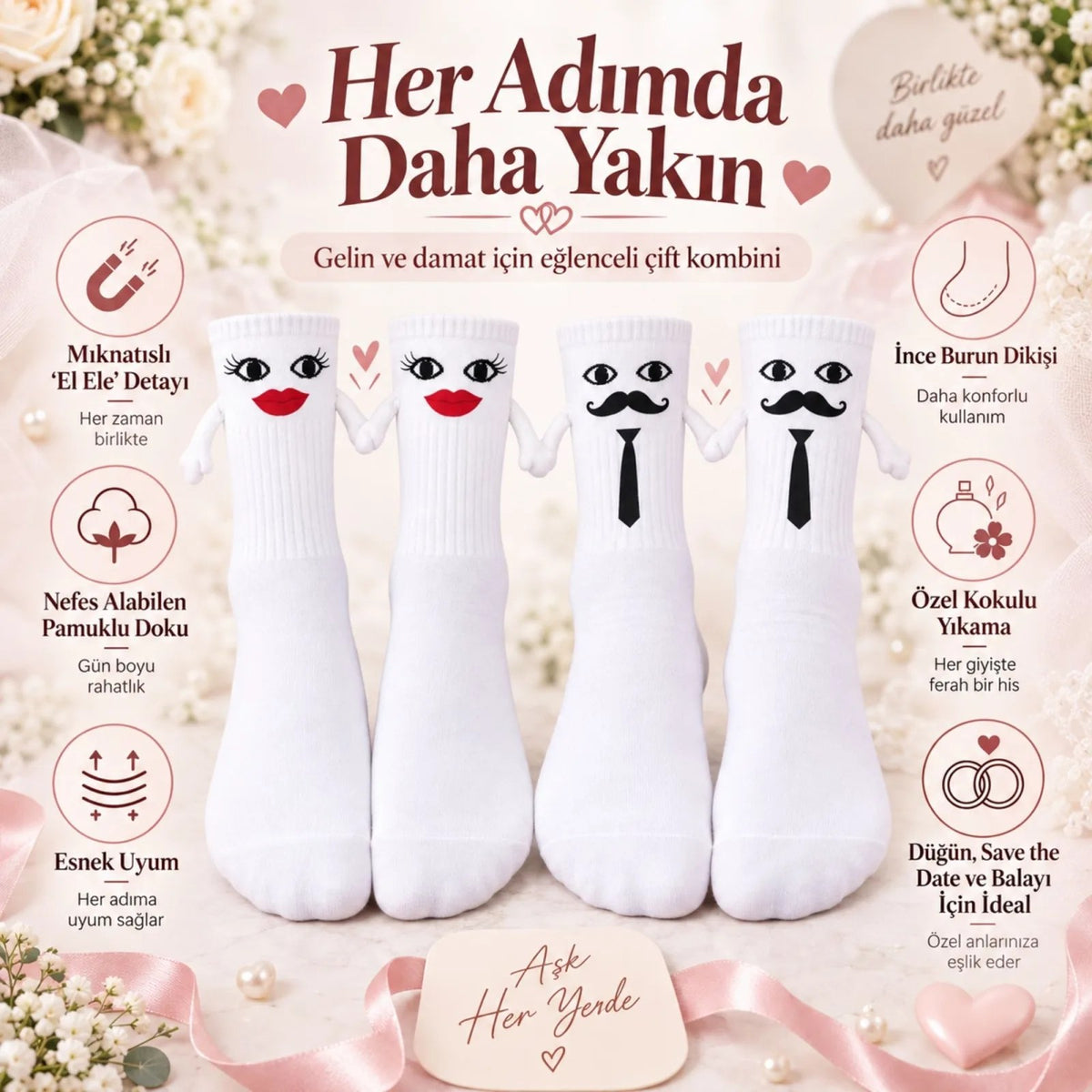 Mıknatıslı Gelin Damat Çorabı 2 Çift El Ele Tutuşan Düğün Çeyiz Bohça Eğlenceli Set