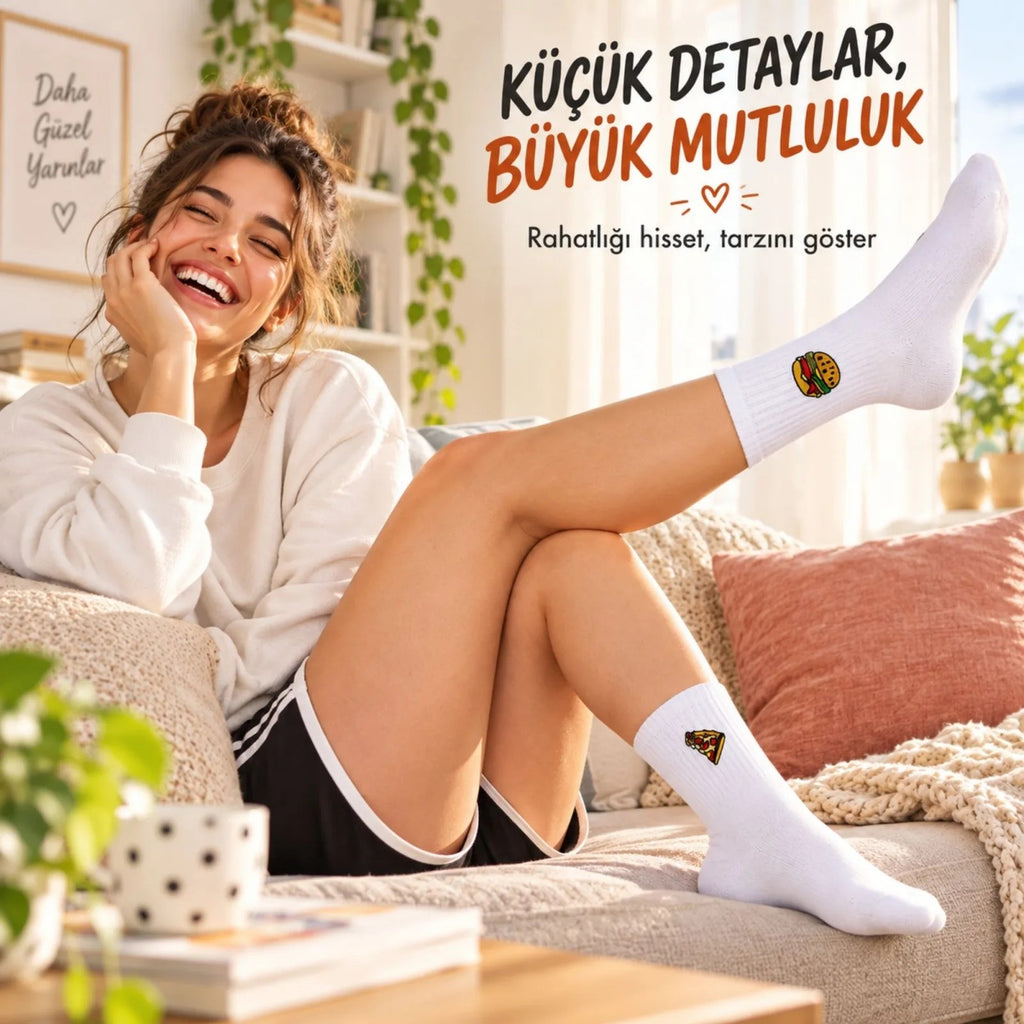 UNİSEX Çorap Beyaz Nakışlı 6'lı Set Pizza Hotdog Hamburger Desenli Uzun Soket Günlük Spor Çorap Seti