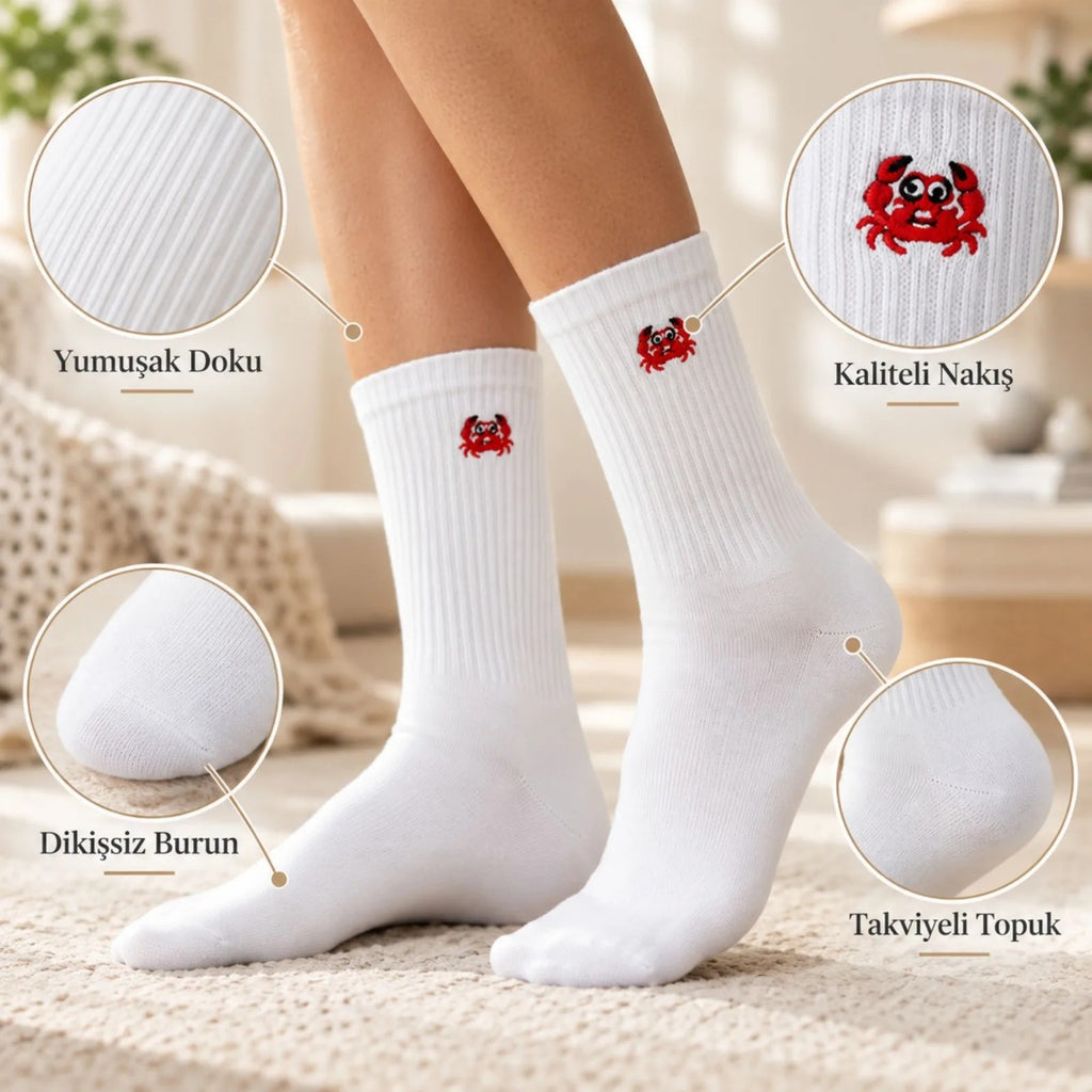 UNİSEX Çorap Beyaz Hayvan Nakışlı 6'lı Set Yengeç Yılan Kedi Desenli Uzun Soket Günlük Spor Çorabı