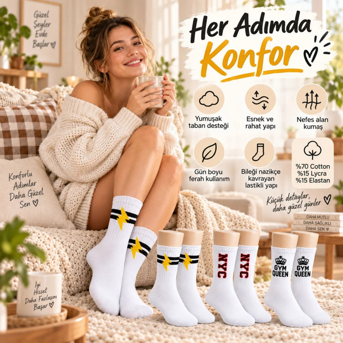 Kadın Spor Çorap Beyaz Yazılı 3'lü Set Uzun Soket Pamuklu Dikişsiz Nefes Alan Spor Konforlu Çoraplar