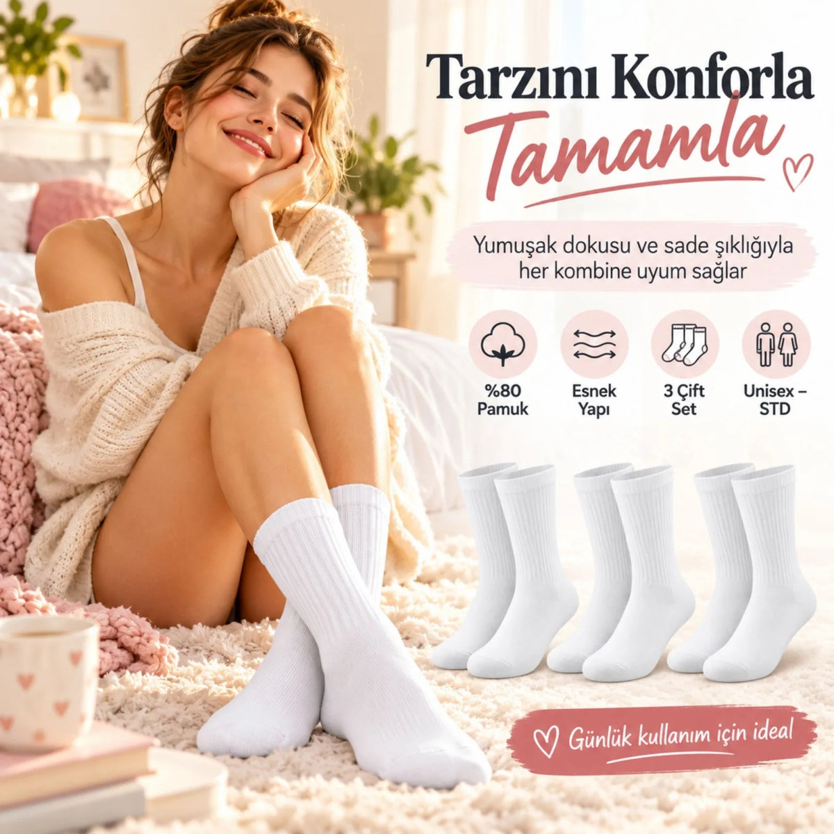 Unisex Beyaz Soket Çorap 3'lü Set %80 Pamuk Dikişsiz Burun Takviyeli Esnek Günlük Spor Çorabı Konfor