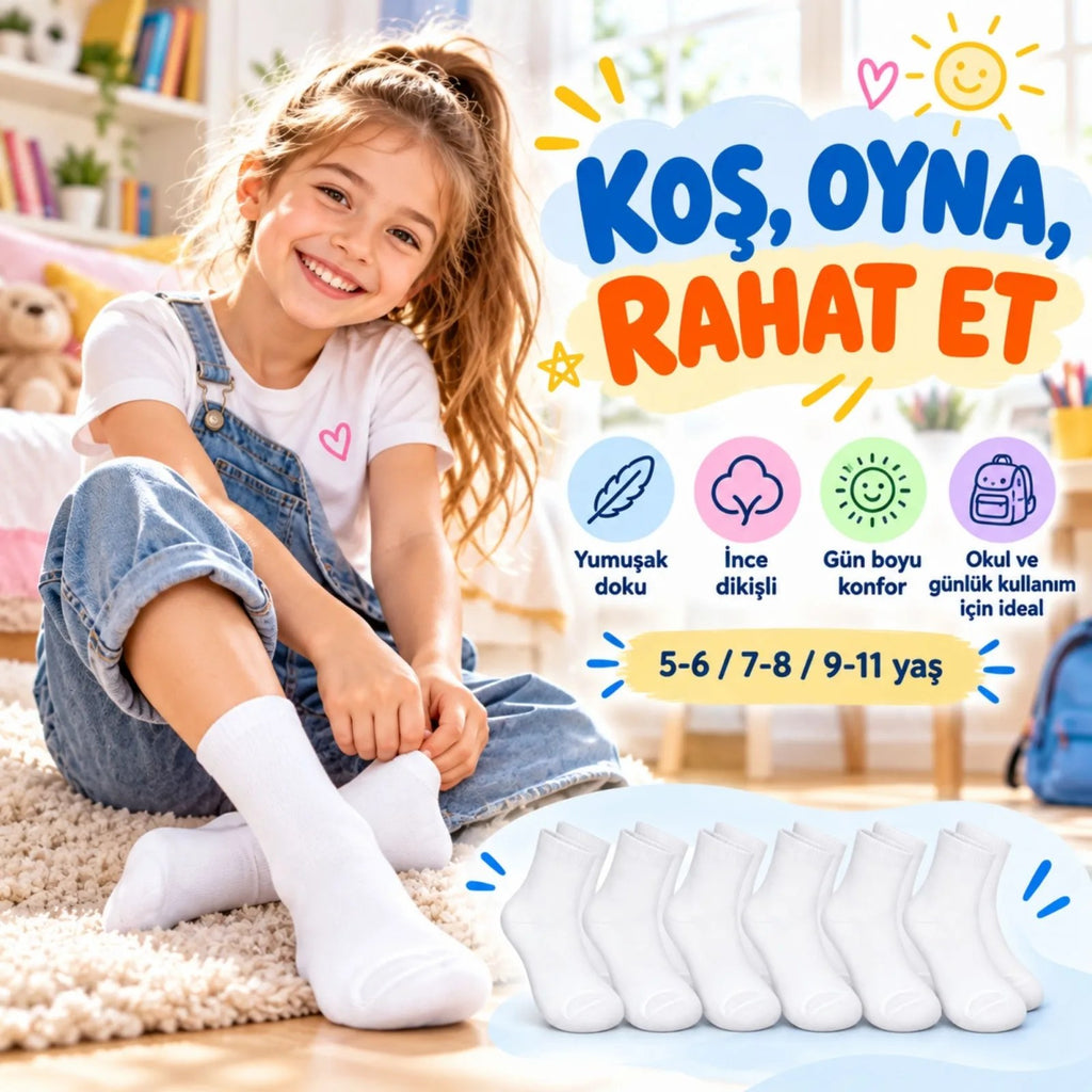Çocuk Beyaz Çorap 6'lı Set İnce Dikişli Yumuşak Nefes Alabilen Okul Günlük Rahat Çorap 5-11 Yaş Seti
