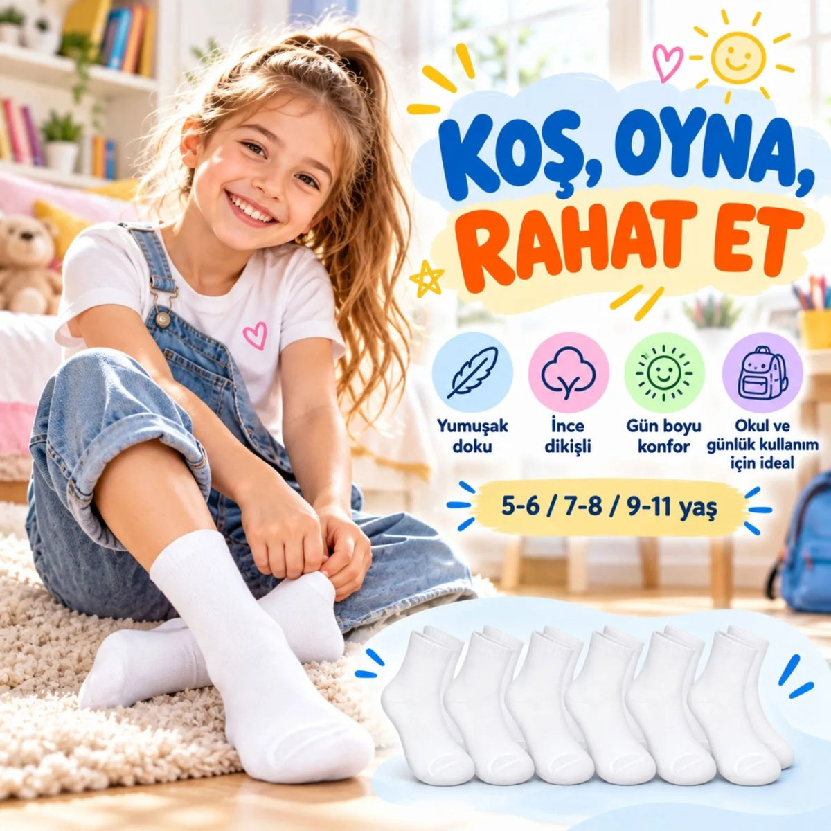 Çocuk Beyaz Çorap 6'lı Set İnce Dikişli Yumuşak Nefes Alabilen Okul Günlük Rahat Çorap 5-11 Yaş Seti