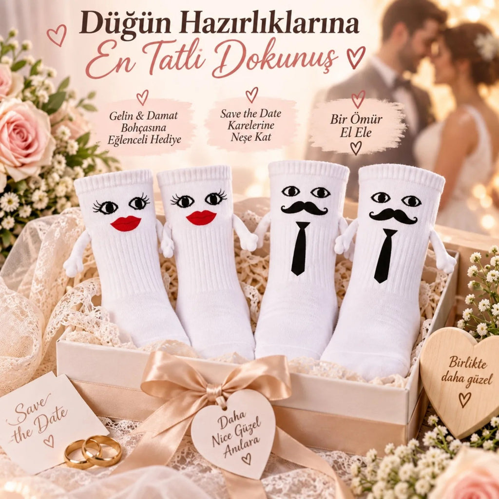 Mıknatıslı Gelin Damat Çorabı 2 Çift El Ele Tutuşan Düğün Çeyiz Bohça Eğlenceli Set