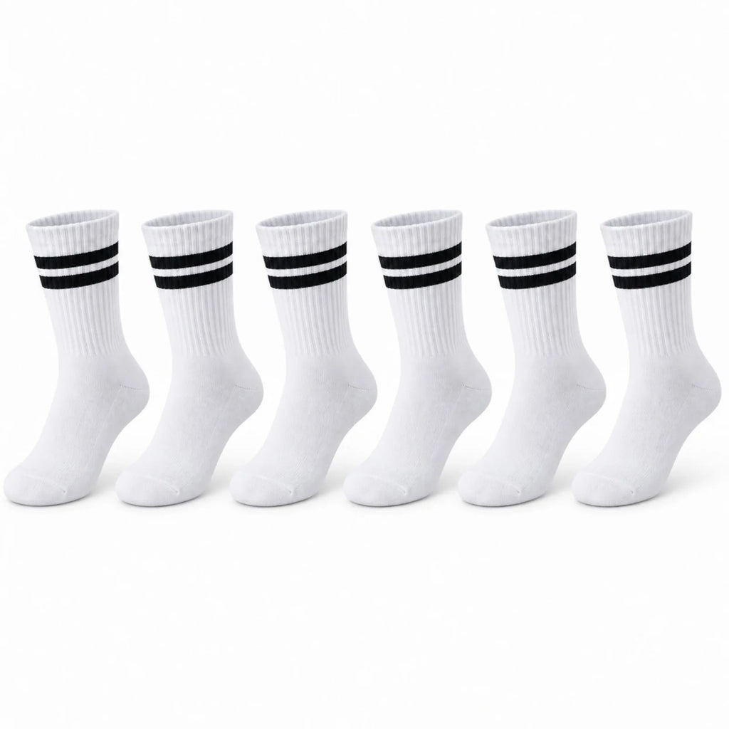 Unisex Beyaz Çorap Siyah Çizgili 6'lı Set Uzun Soket Günlük Spor Kolej Stil Rahat Kadın Erkek Çorabı