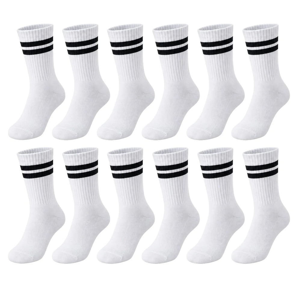 Unisex Beyaz Çorap Siyah Çizgili 12'li Set Uzun Soket Günlük Spor Kolej Stil Kadın Erkek Çorabı