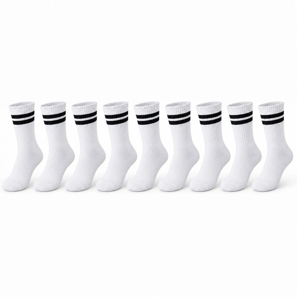 Unisex Beyaz Çorap Siyah Çizgili 9'lu Set Uzun Soket Günlük Spor Kolej Stil Kadın Erkek Çorabı