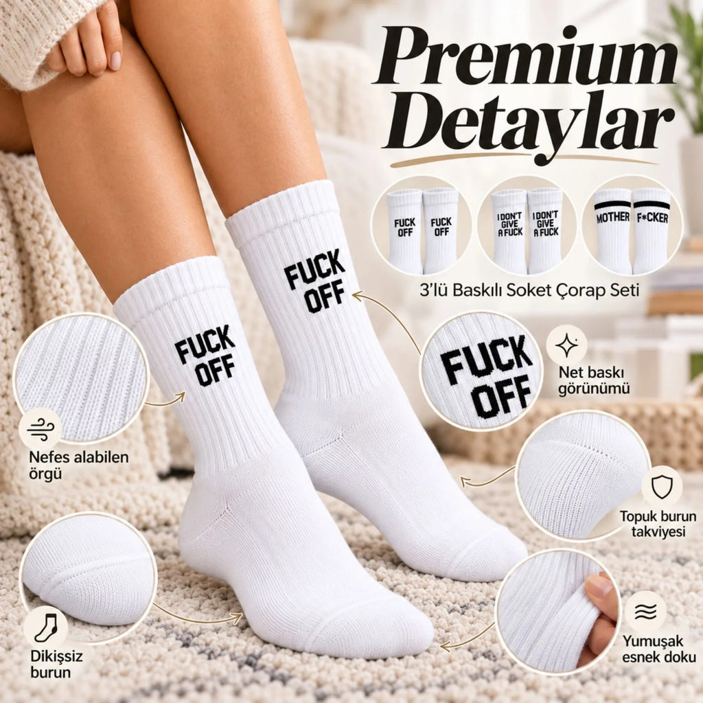 Unisex Beyaz Yazılı Çorap Esprili Sloganlı Uzun Soket Günlük Spor Rahat 6lı Eğlenceli Şık Hediye Set