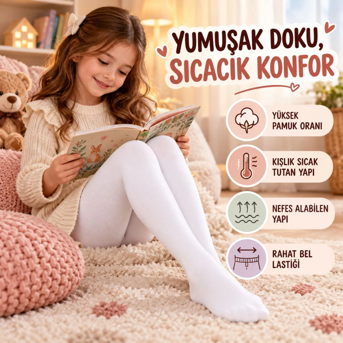 Çocuk Beyaz Külotlu Çorap Yüksek Pamuklu Kışlık Parfümlü Okul Çorabı Esnek Rahat