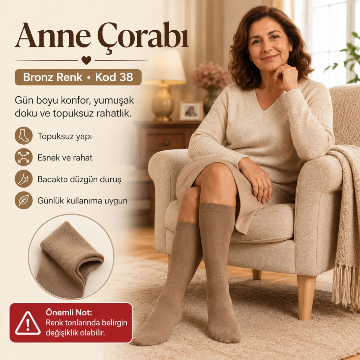 Kadın 70 Denye 12'li Kalın Anne Çorabı Dizaltı Topuksuz Esnek Günlük Kullanım Çorabı Ten Siyah Bronz Vizon