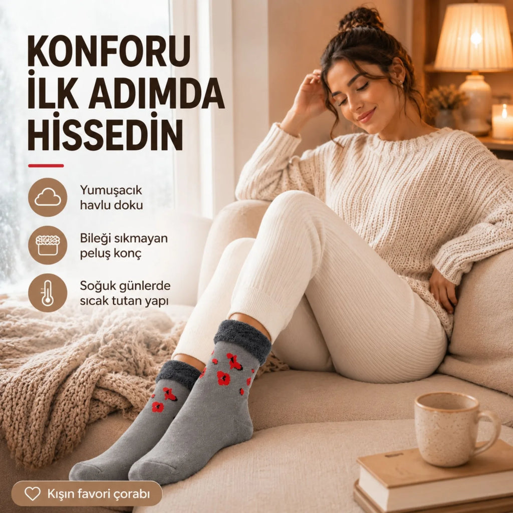 6’lı Kadın Kışlık Havlu Çorap Sıcak Tutan Karışık Desenli Yumuşak Çoklu Çorap Seti