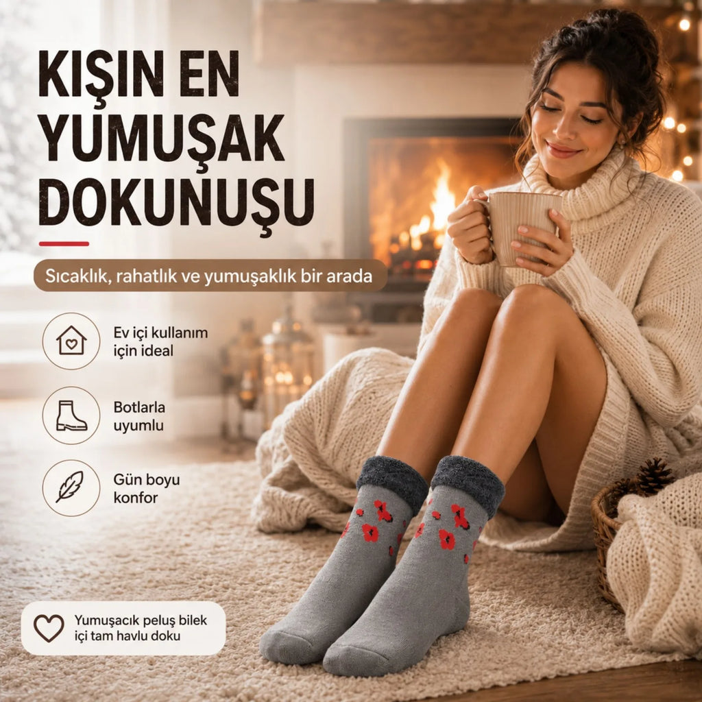 3’lü Kadın Kışlık Havlu Çorap Sıcak Tutan Yumuşak Karışık Desenli Günlük Çorap Seti