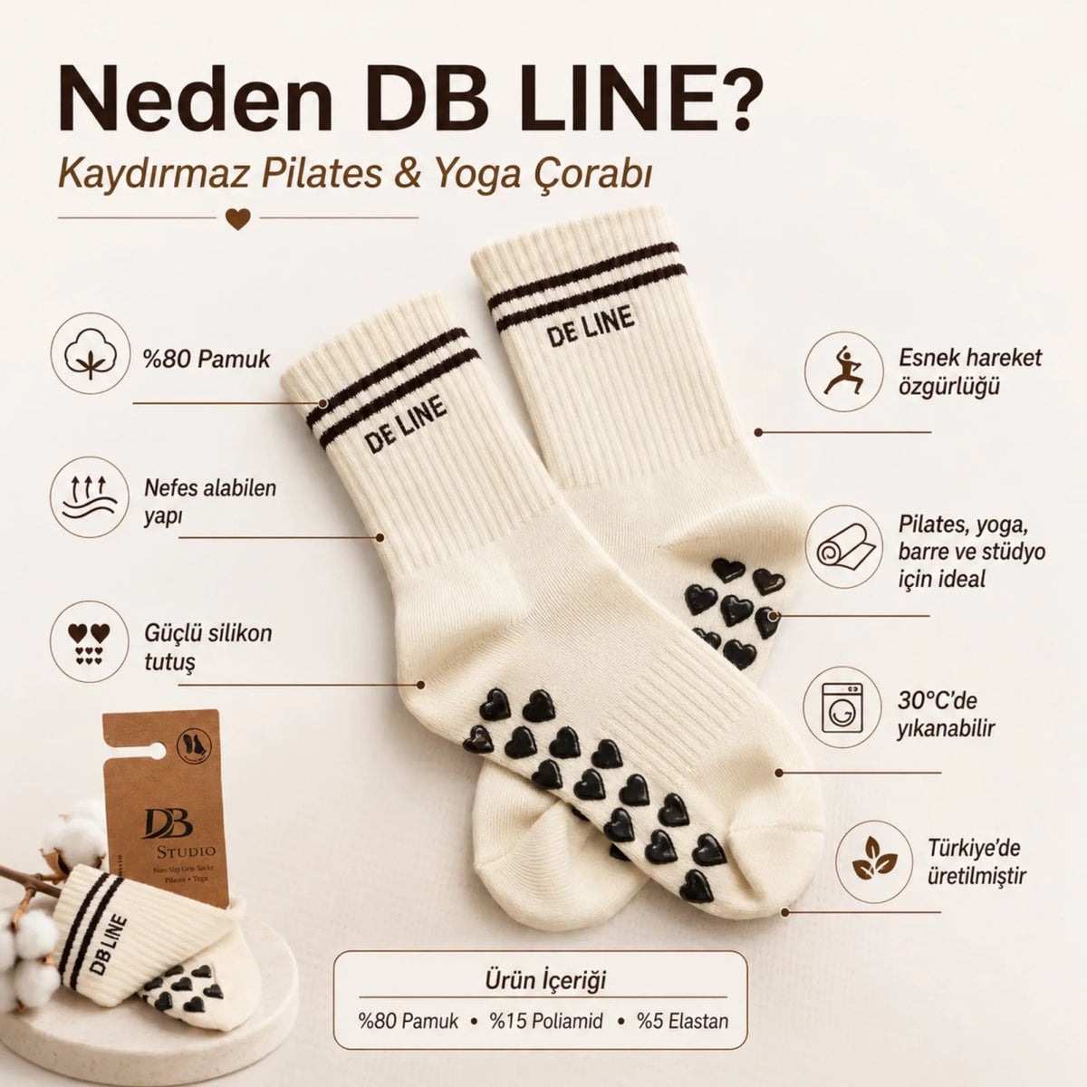 DB LINE Kaydırmaz Yoga Pilates Çorabı | Pamuklu Silikon Taban, Barre Stüdyo Spor