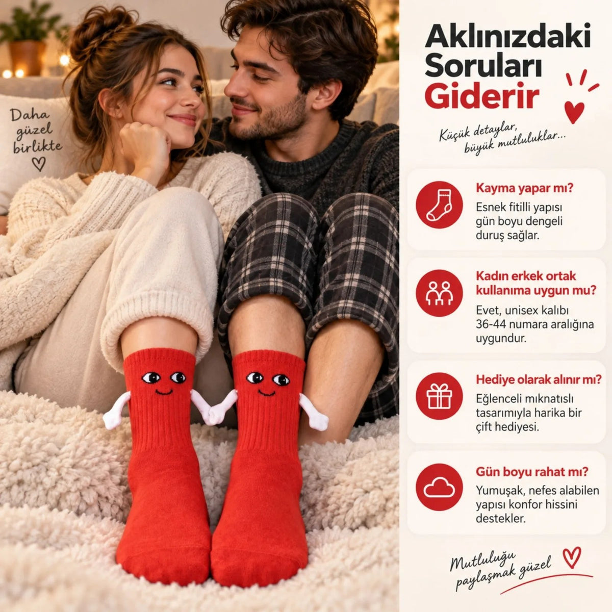 Mıknatıslı El Ele 2'li Unisex Tutuşan Sevimli Çorap 36-44 | Çift Hediyesi, Pamuklu Renkli Crew Model