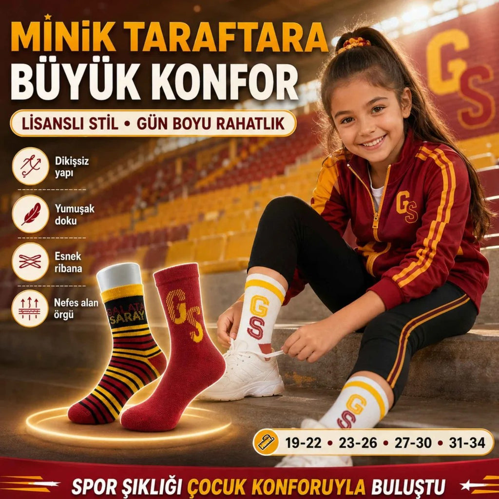 Galatasaray Lisanslı Çocuk Spor Çorabı 4’lü Set – Kız ve Erkek Çocuk İçin Dikişsiz, Esnek ve Rahat