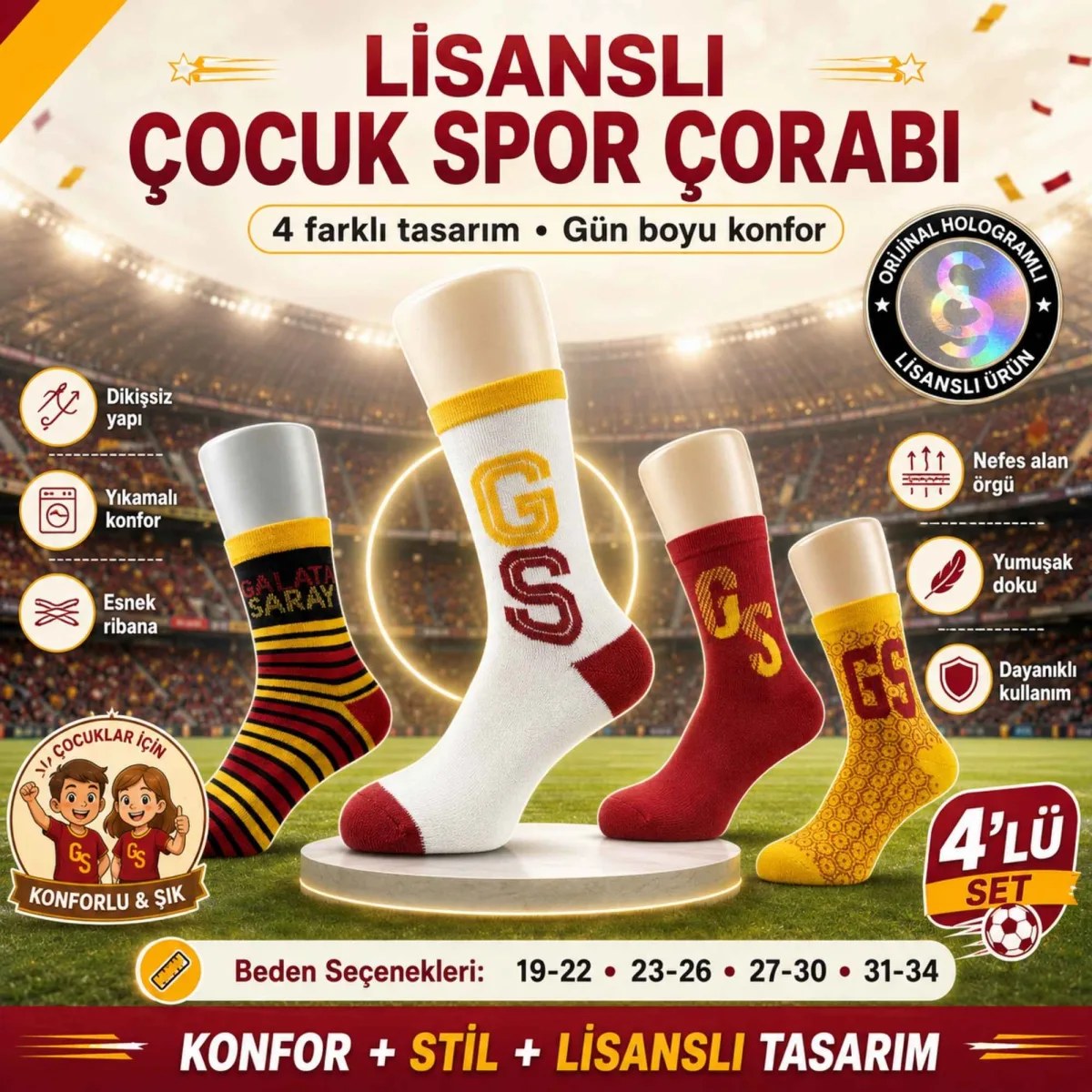 Galatasaray Lisanslı Çocuk Spor Çorabı 4’lü Set – Kız ve Erkek Çocuk İçin Dikişsiz, Esnek ve Rahat