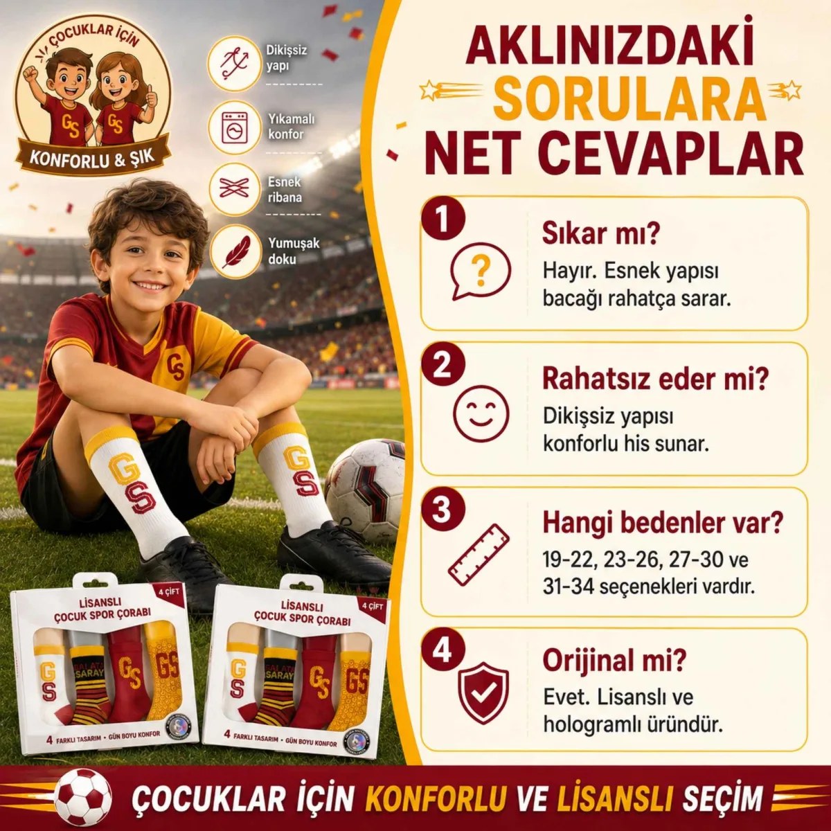 Galatasaray Lisanslı Çocuk Spor Çorabı 4’lü Set – Kız ve Erkek Çocuk İçin Dikişsiz, Esnek ve Rahat