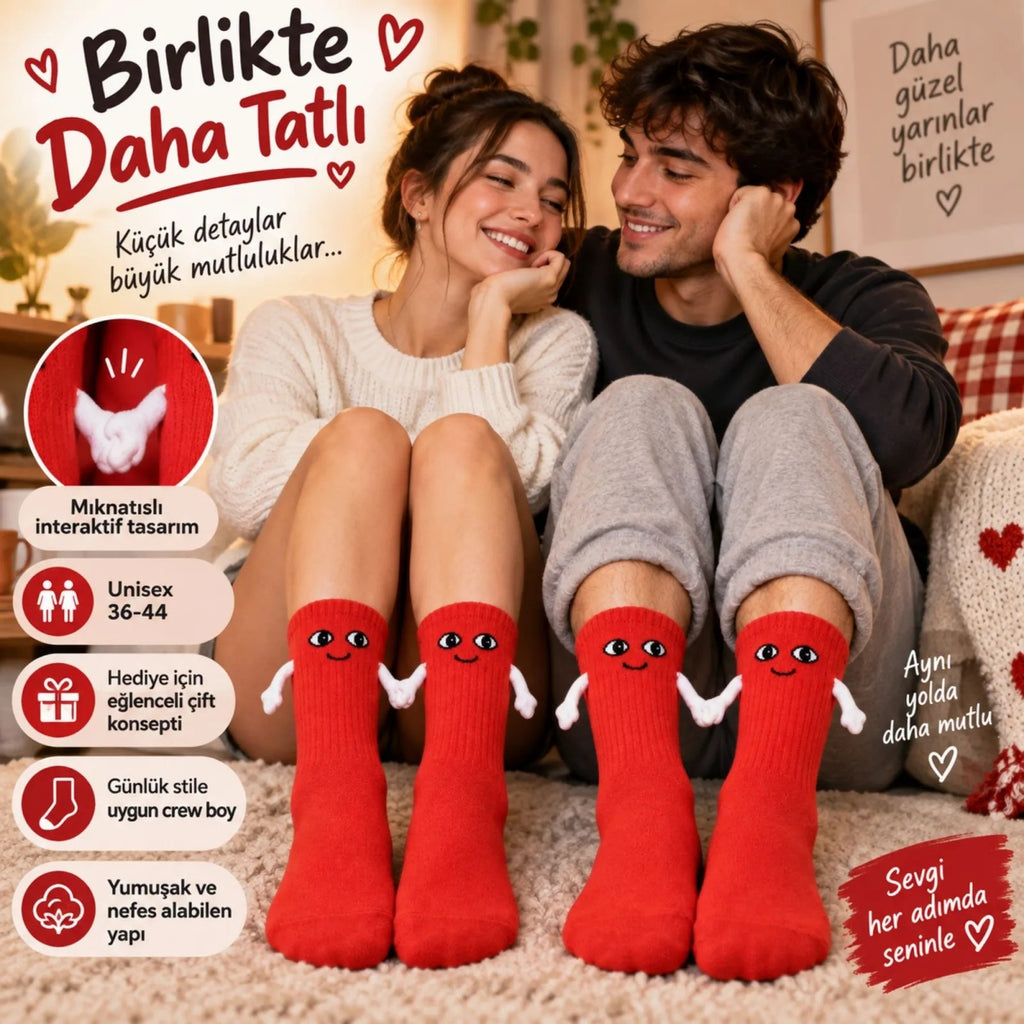 Mıknatıslı El Ele Unisex Tutuşan Sevimli Çorap 36-44 | Çift Hediyesi, Pamuklu Renkli Crew Model