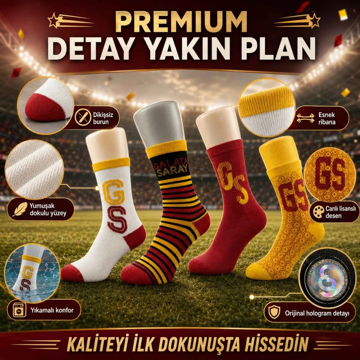 Galatasaray Lisanslı Çocuk Spor Çorabı 4’lü Set – Kız ve Erkek Çocuk İçin Dikişsiz, Esnek ve Rahat
