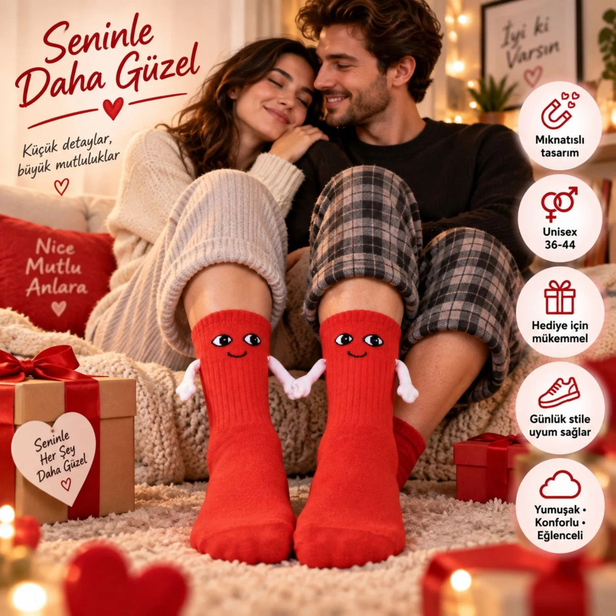 Mıknatıslı El Ele 2'li Unisex Tutuşan Sevimli Çorap 36-44 | Çift Hediyesi, Pamuklu Renkli Crew Model