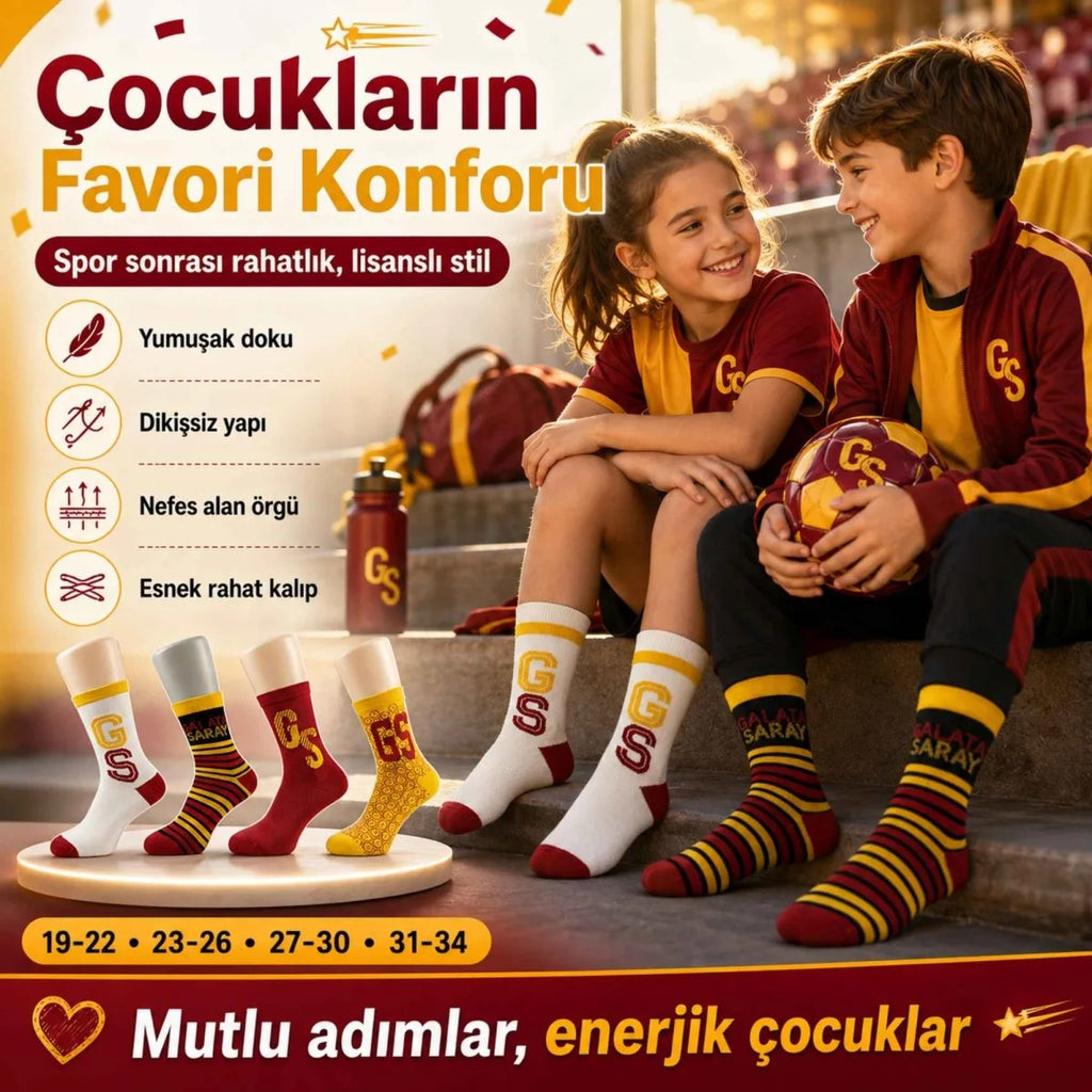 Galatasaray Lisanslı Çocuk Spor Çorabı 4’lü Set – Kız ve Erkek Çocuk İçin Dikişsiz, Esnek ve Rahat
