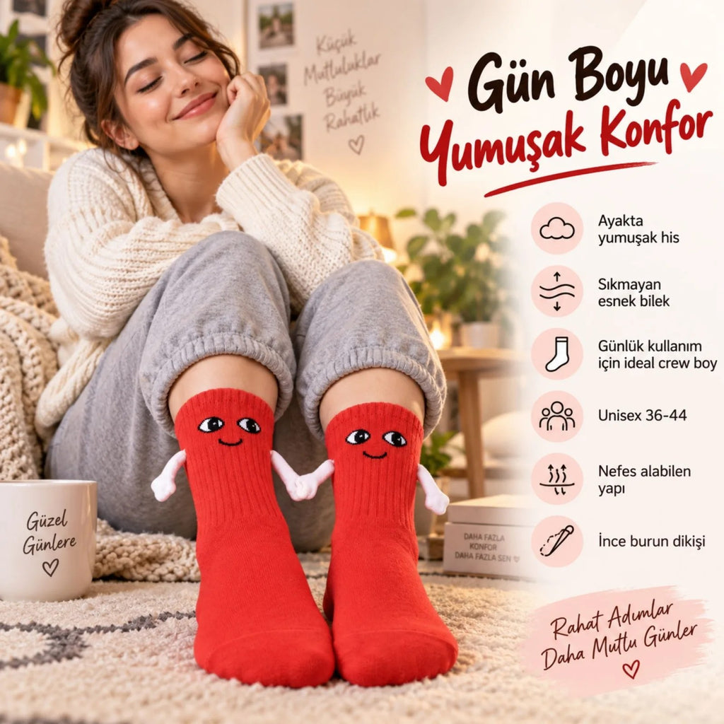 Mıknatıslı El Ele Unisex Tutuşan Sevimli Çorap 36-44 | Çift Hediyesi, Pamuklu Renkli Crew Model