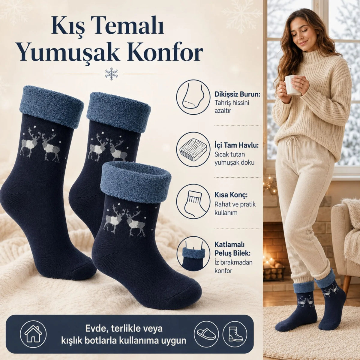 6’lı Kadın Kışlık Havlu Çorap Sıcak Tutan Karışık Desenli Yumuşak Çoklu Çorap Seti