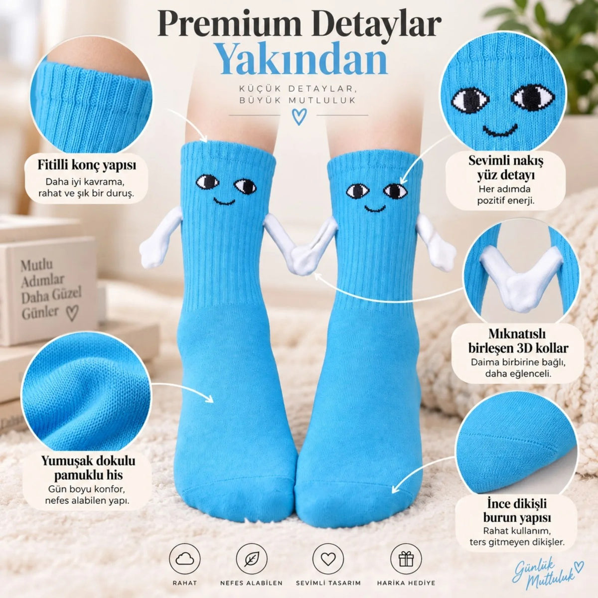 Mıknatıslı El Ele Unisex Tutuşan Sevimli Çorap 36-44 | Çift Hediyesi, Pamuklu Renkli Crew Model