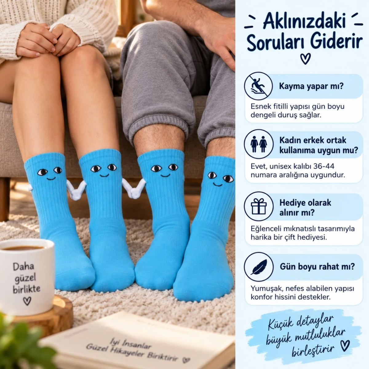 Mıknatıslı El Ele Unisex Tutuşan Sevimli Çorap 36-44 | Çift Hediyesi, Pamuklu Renkli Crew Model