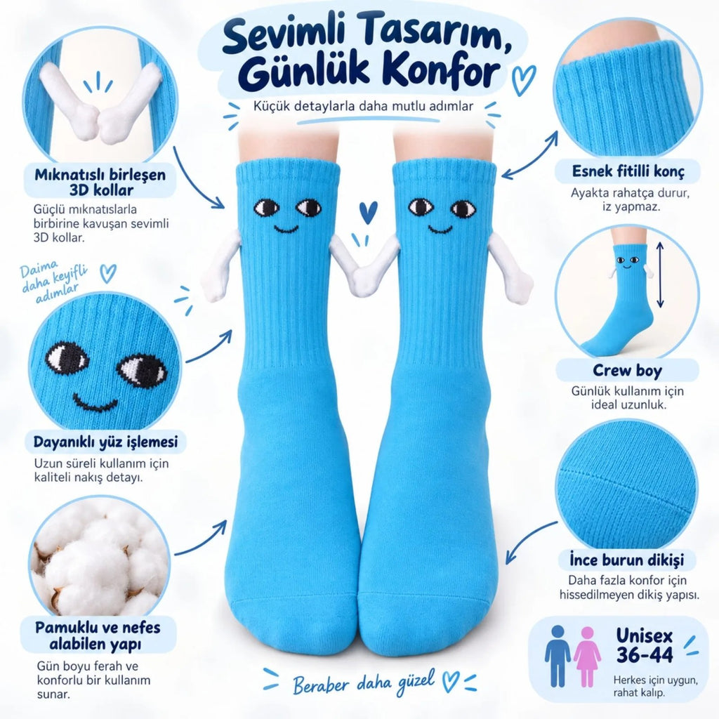 Mıknatıslı El Ele Unisex Tutuşan Sevimli Çorap 36-44 | Çift Hediyesi, Pamuklu Renkli Crew Model
