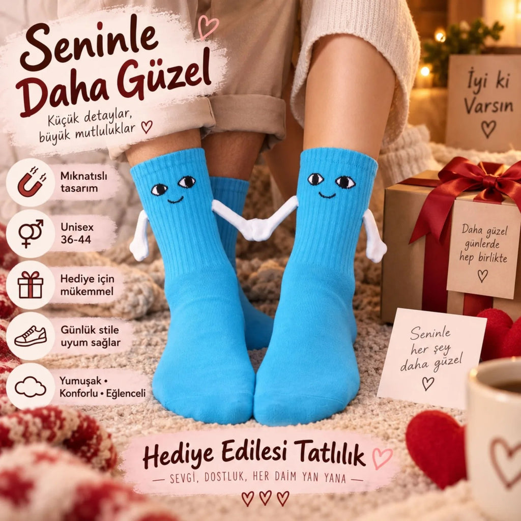 Mıknatıslı El Ele Unisex Tutuşan Sevimli Çorap 36-44 | Çift Hediyesi, Pamuklu Renkli Crew Model